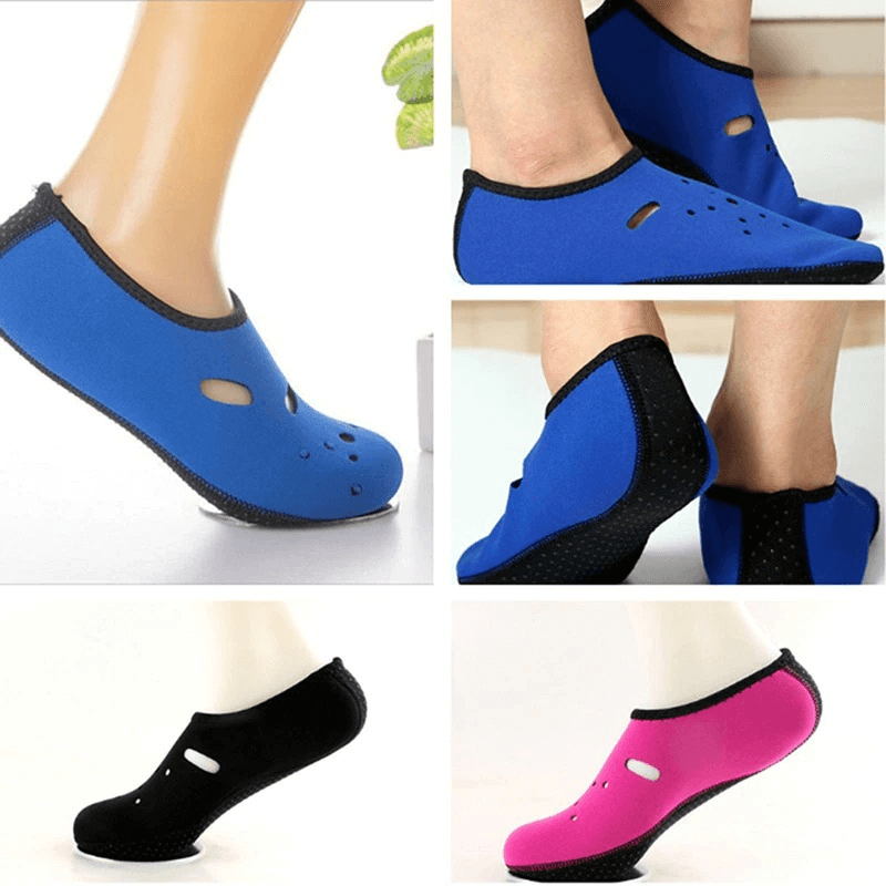 Blue and pink non-slip beach shoes for diving with rubber soles displayed from various angles.